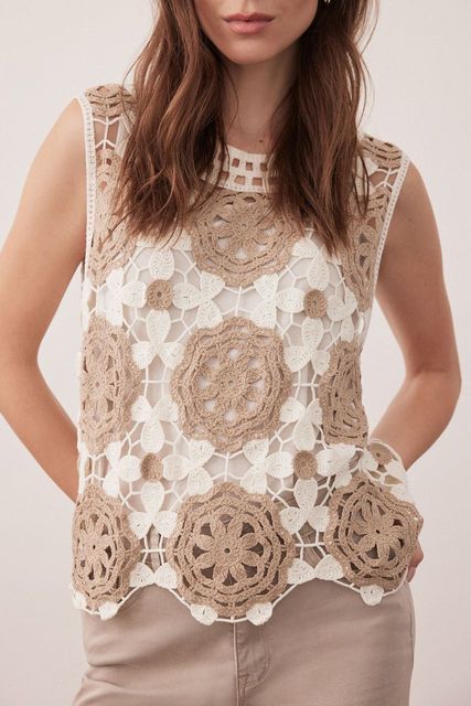 Sleeveless Crochet Top with Floral Pattern - Dune