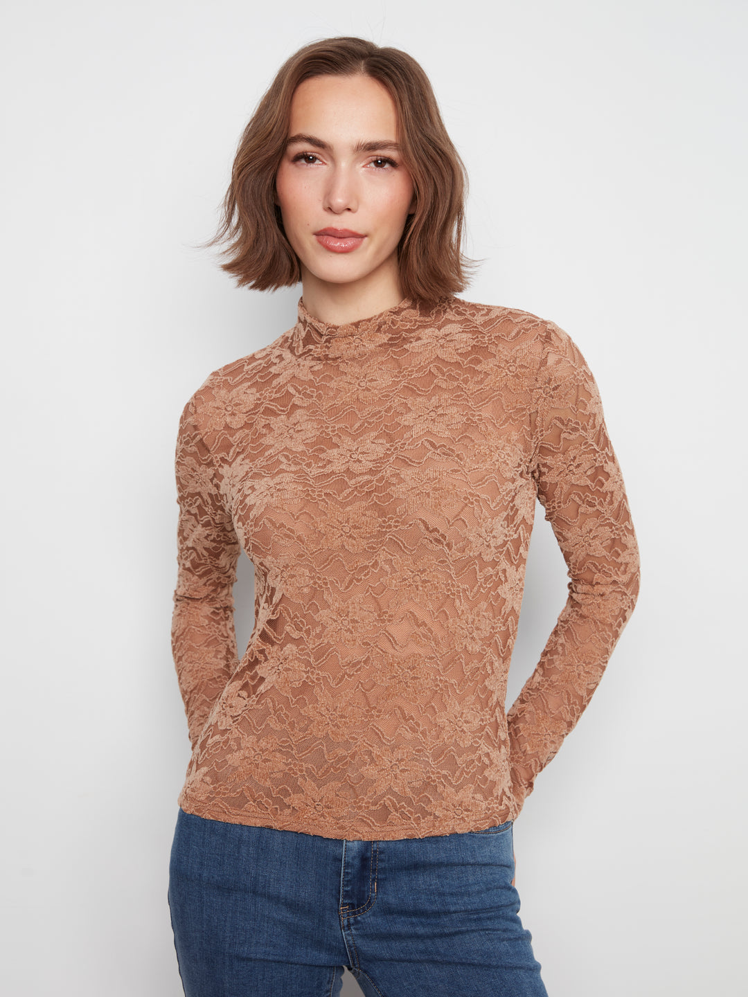 Flocked Lace Mock Neck Top Lined at Body - Truffle