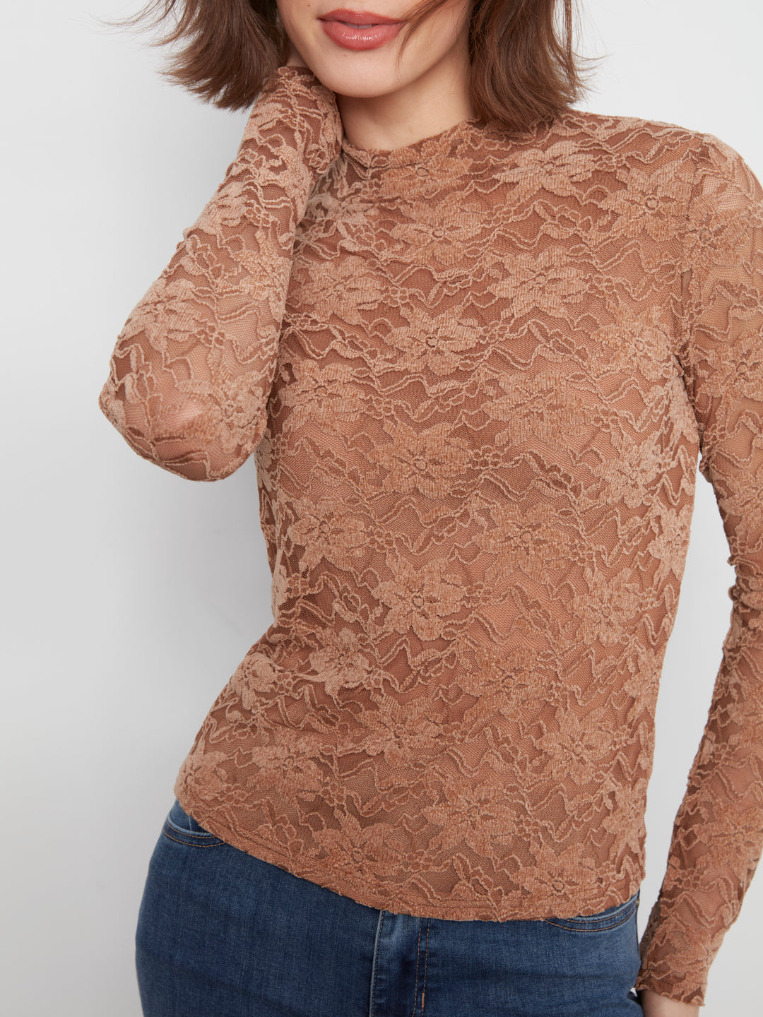 Flocked Lace Mock Neck Top Lined at Body - Truffle