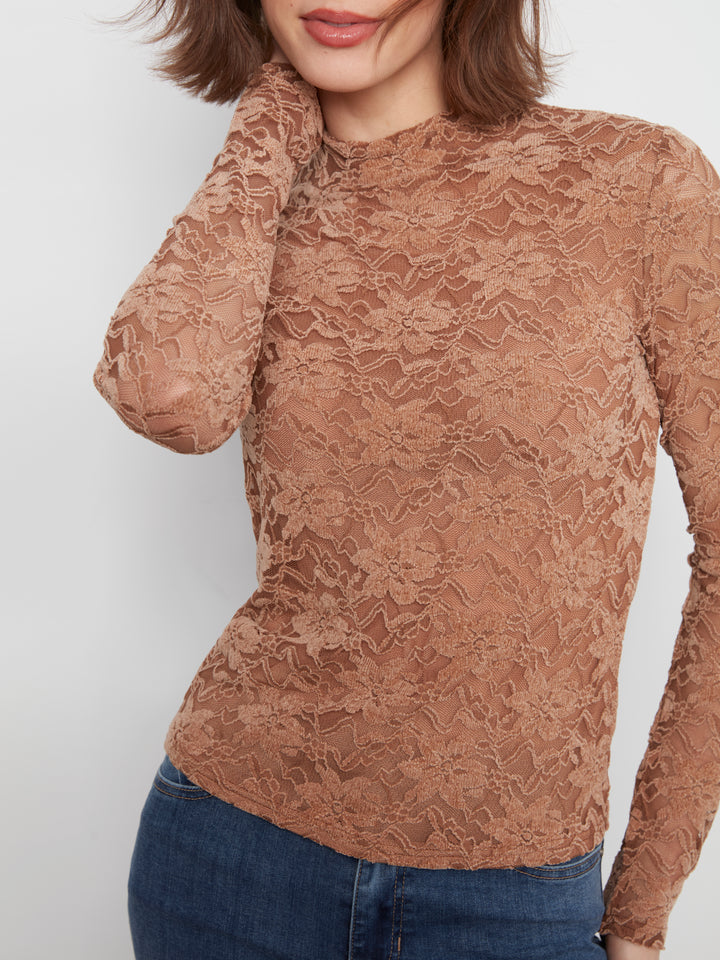 Flocked Lace Mock Neck Top Lined at Body - Truffle