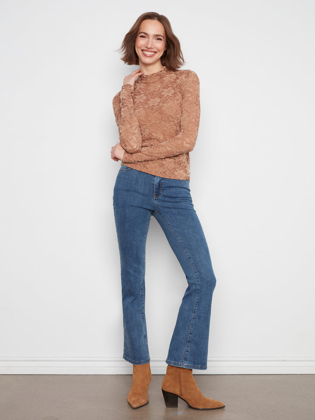 Flocked Lace Mock Neck Top Lined at Body - Truffle