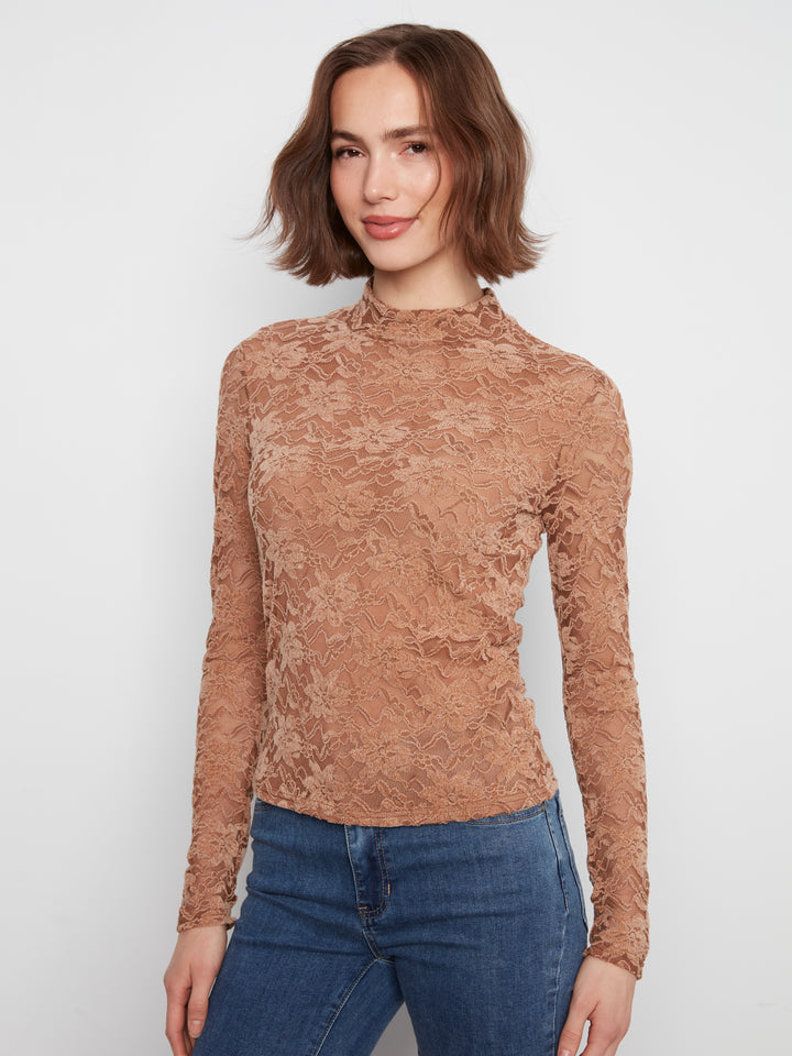 Flocked Lace Mock Neck Top Lined at Body - Truffle