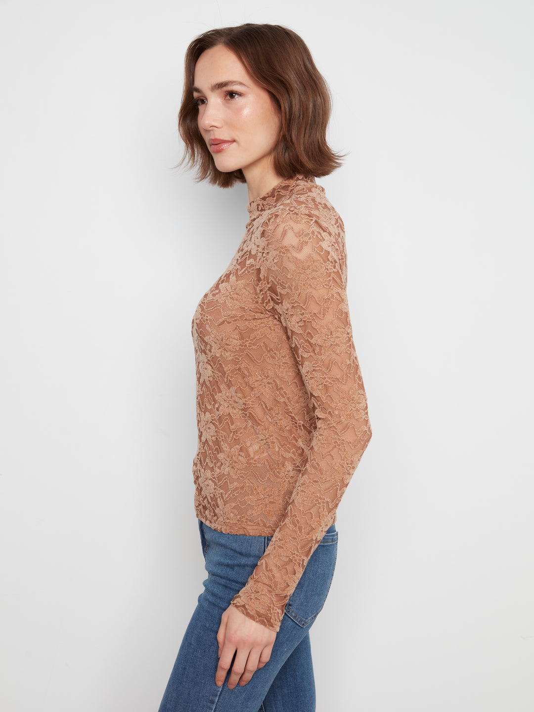 Flocked Lace Mock Neck Top Lined at Body - Truffle