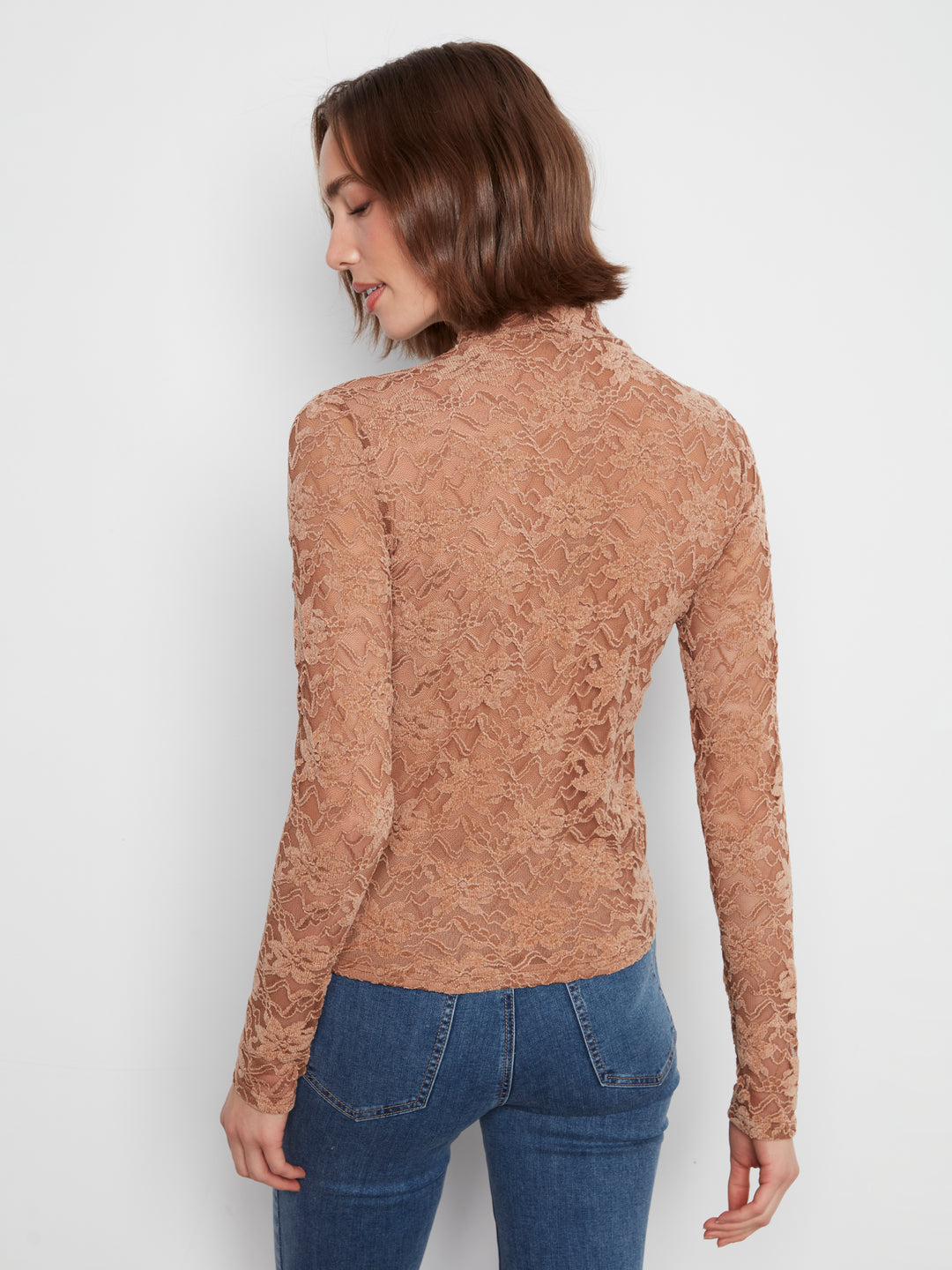 Flocked Lace Mock Neck Top Lined at Body - Truffle