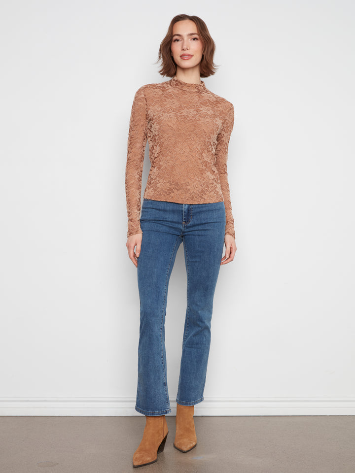 Flocked Lace Mock Neck Top Lined at Body - Truffle