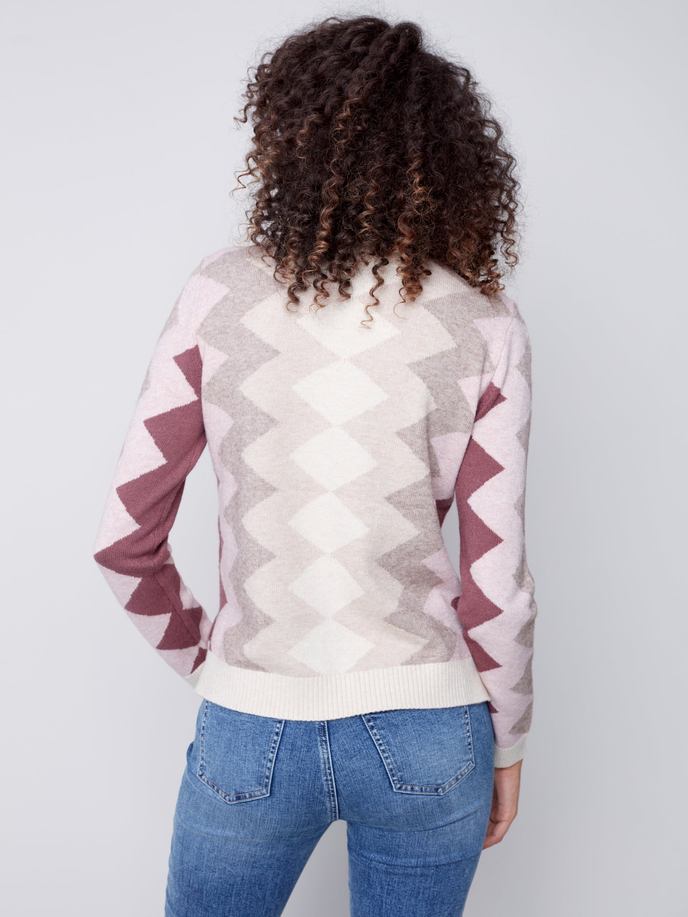 Crew Neck Plushy Sweater with Zig Zag Color Block Design (Powder)