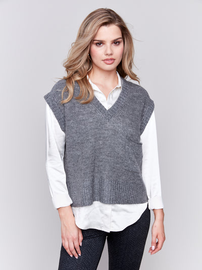 Plushy V-Neck Sweater Vest - Grey