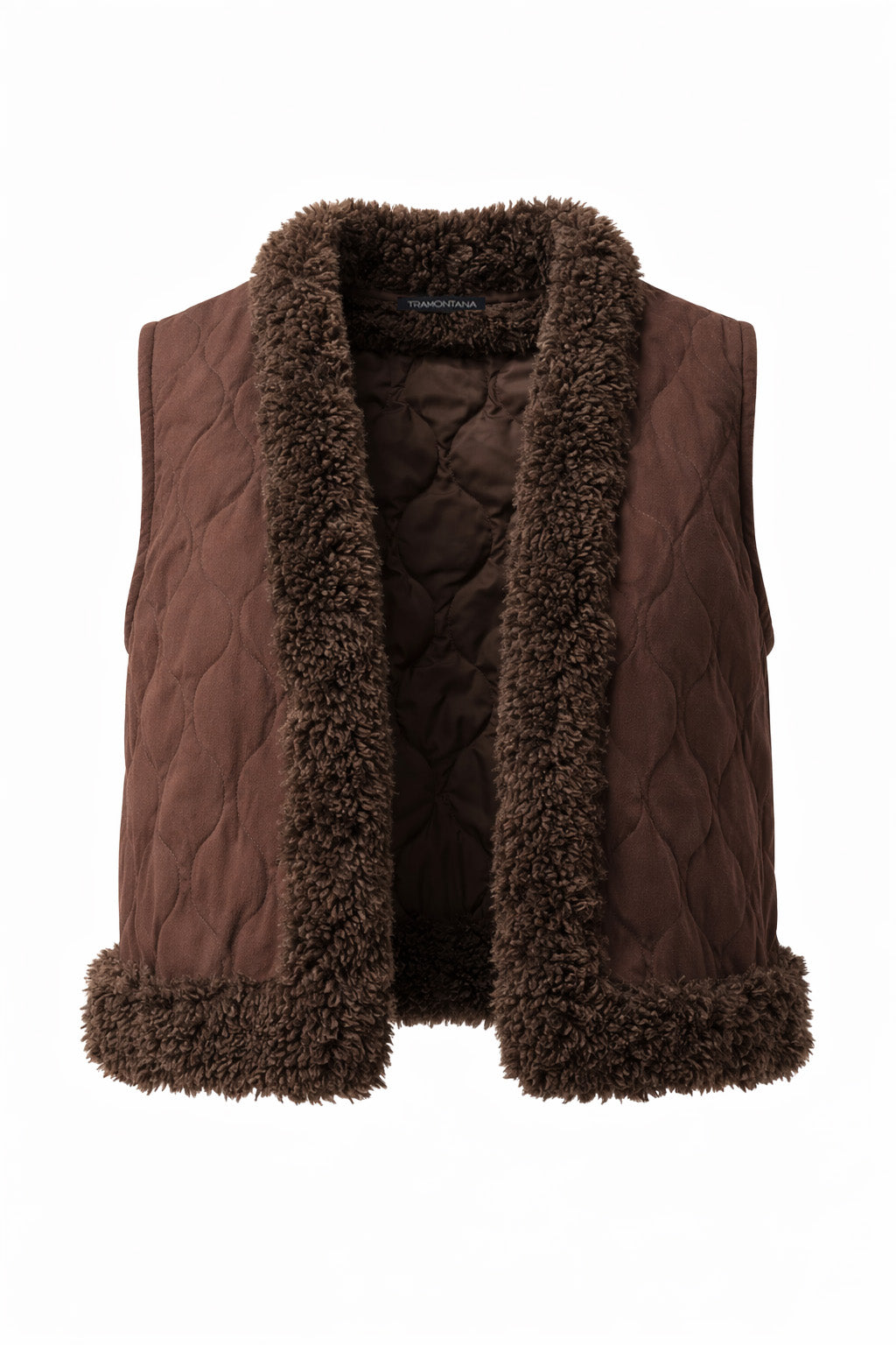 A brown quilted vest with a thick, plush dark brown faux-shearling collar and hem, shown against a plain white background.