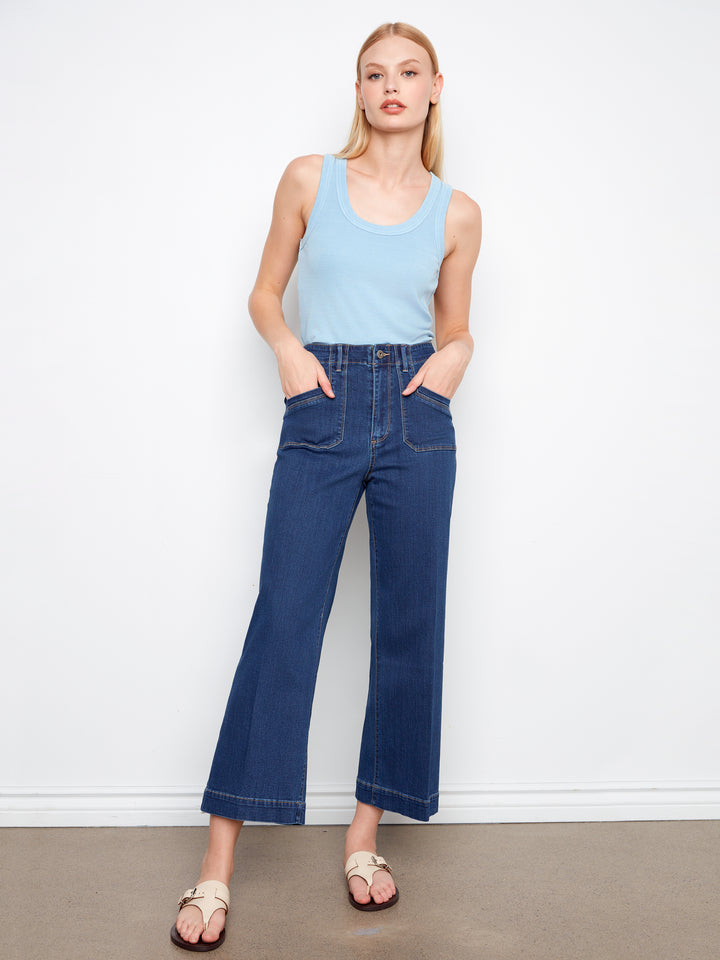 Cropped Wide Leg Stretch Denim Pants with Patch Pockets