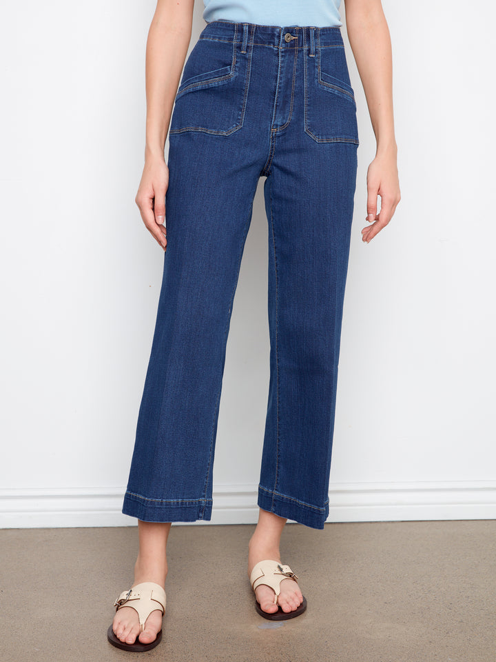 Cropped Wide Leg Stretch Denim Pants with Patch Pockets