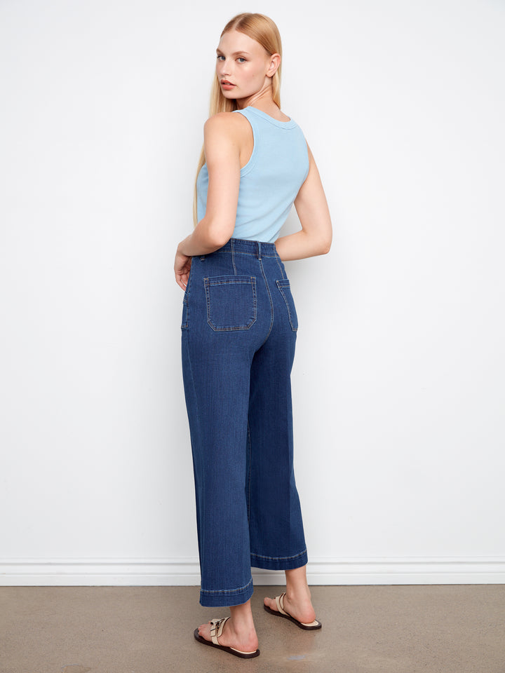 Cropped Wide Leg Stretch Denim Pants with Patch Pockets
