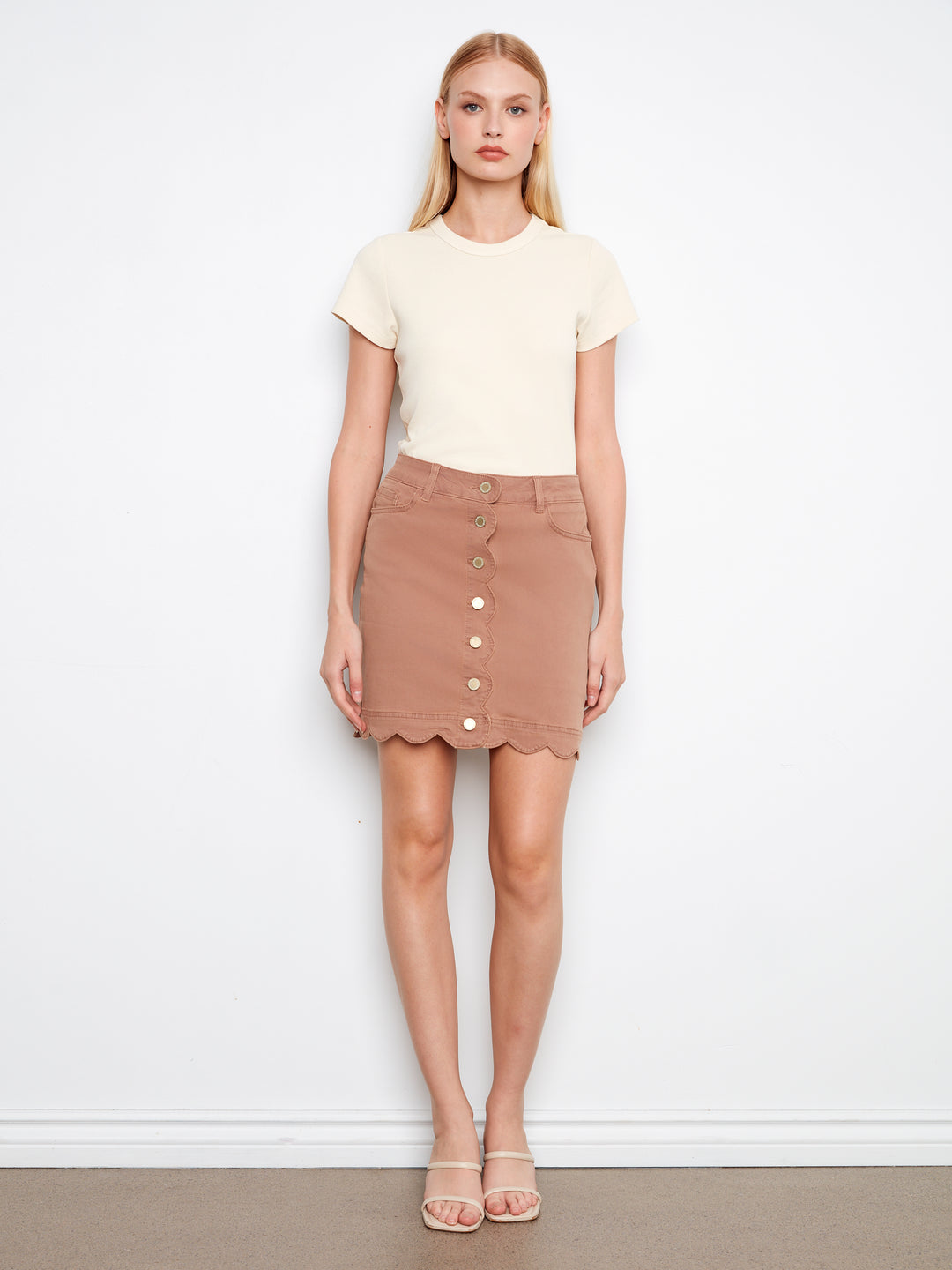Scalloped Hem Button-Front Denim Twill Skort