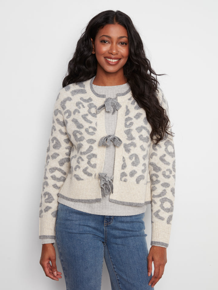 Charlie B  Bow Tie Front Jacquard Cardigan - Leopard Grey