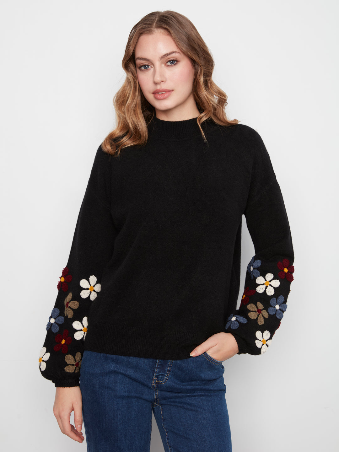 Charlie B Mock Neck Sweater With Embroidered Flowers - Black