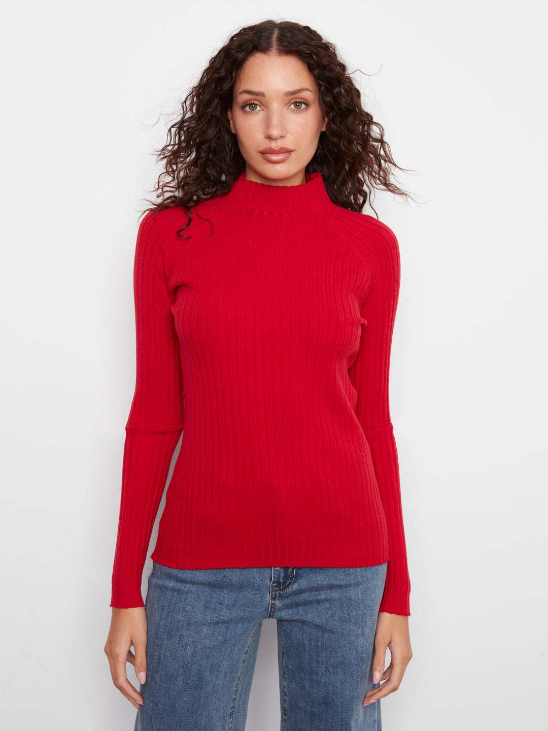 Woman wearing a Charlie B Rib Knit Mock Neck Sweater
