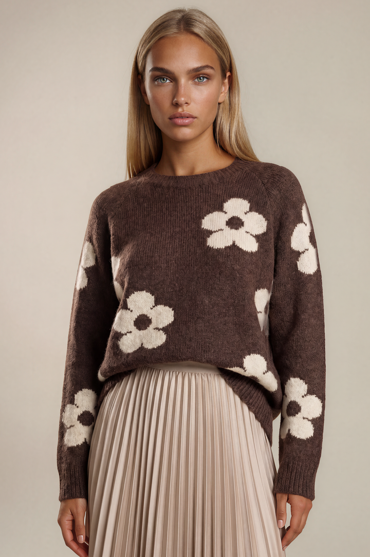 Chocolate Daisy Floral Intarisa Step Hem Sweater