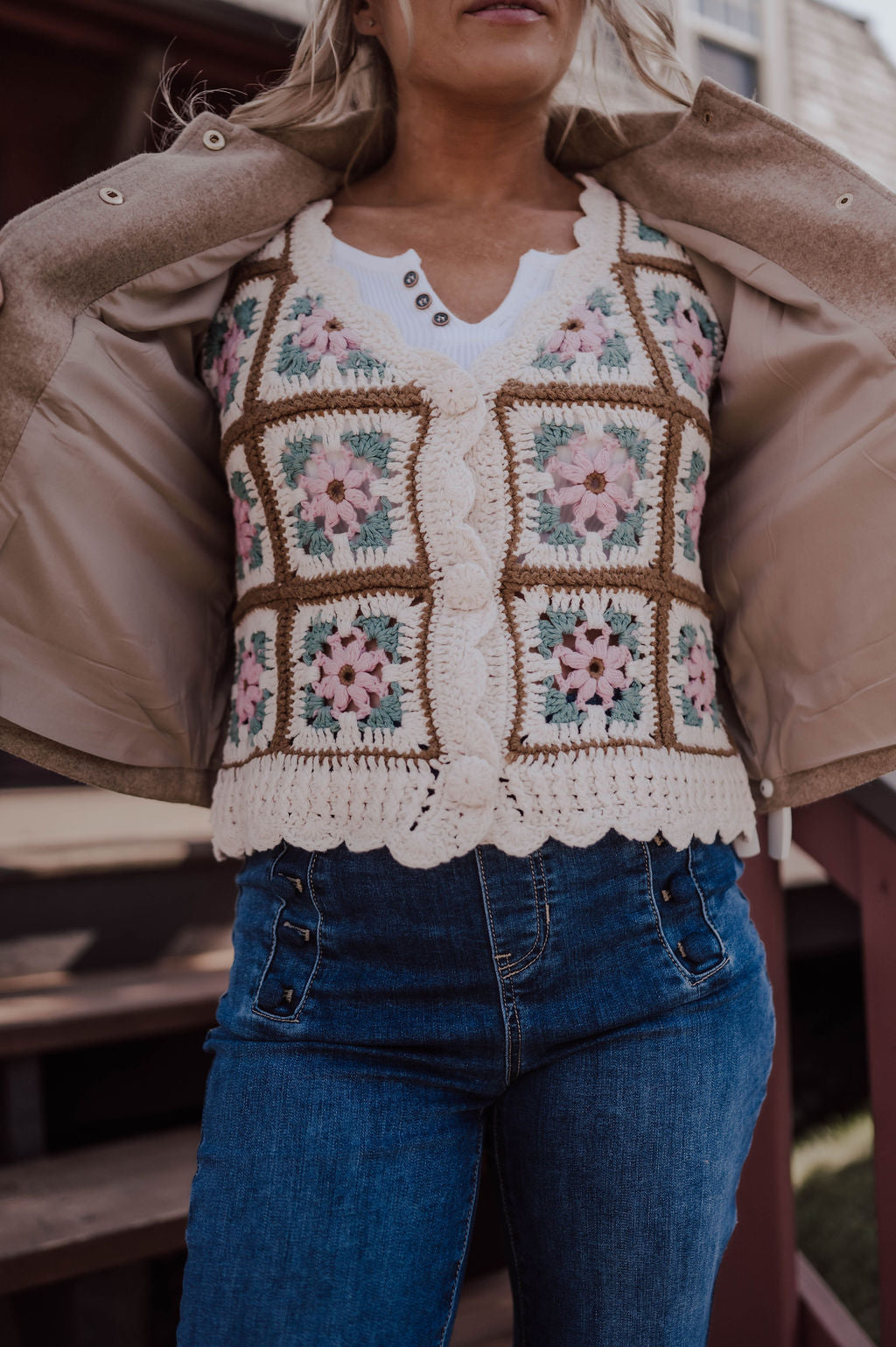 Granny Square V-Neck Sweater Vest Cardigan - Oatmeal Multi