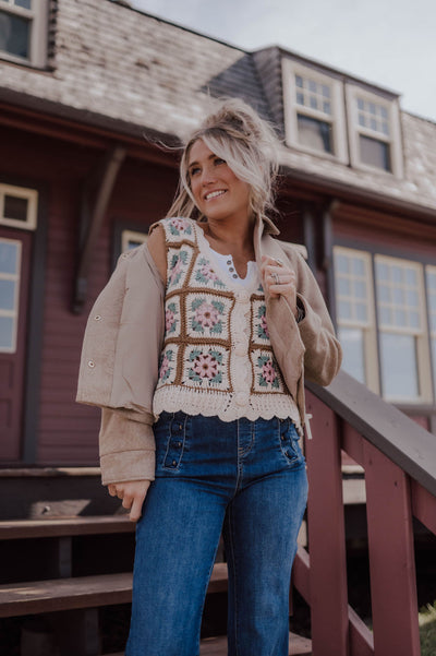 Granny Square V-Neck Sweater Vest Cardigan - Oatmeal Multi