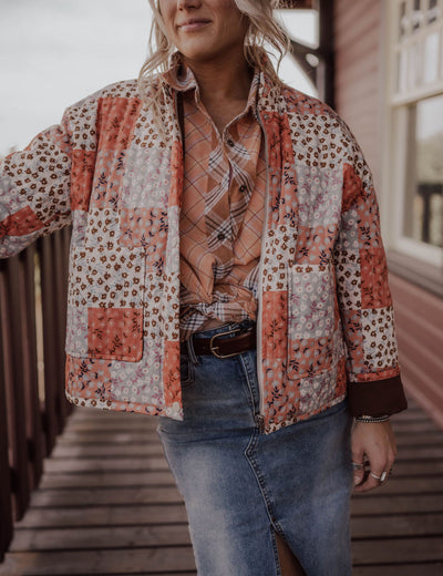 Color plaid mixed shirt with raw edge detail - rust