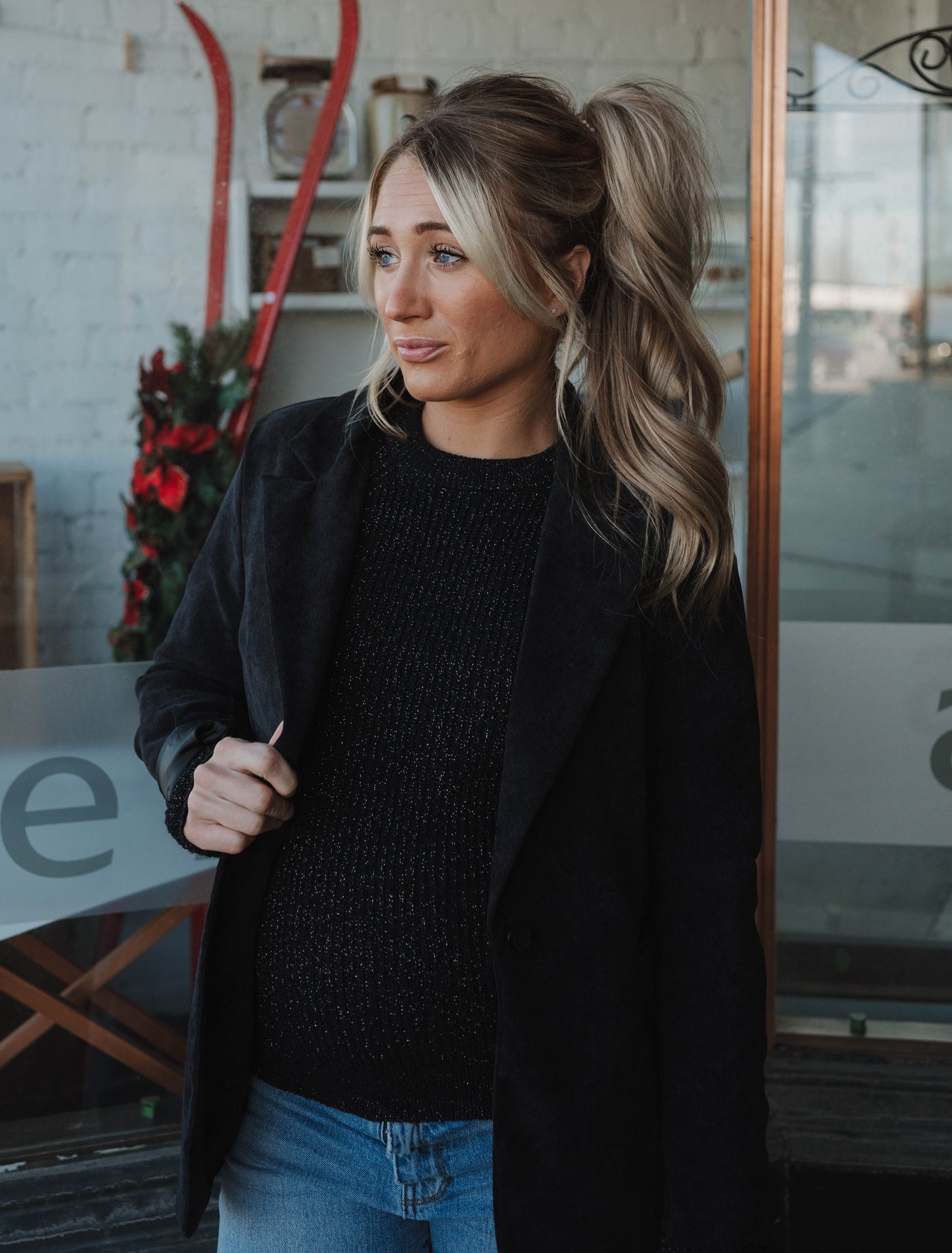 Long Sleeve Oversized Shimmer Top/Sweater - Black Shimmer