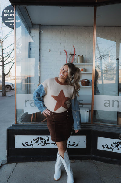 RESTOCKED!! Star Printed Sweater Top with Denim Sleeves - Latte Brown