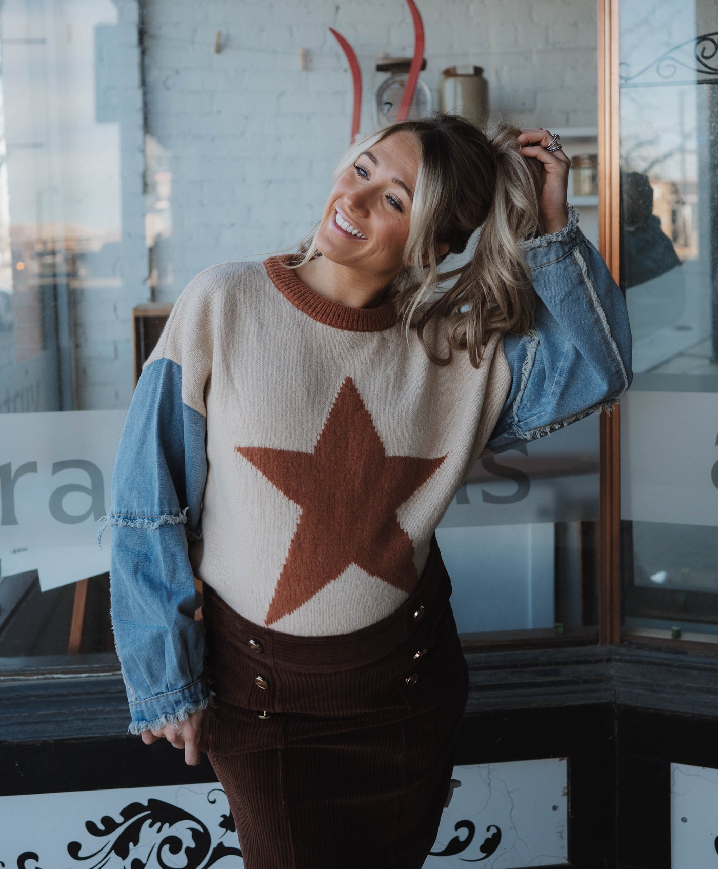 RESTOCKED!! Star Printed Sweater Top with Denim Sleeves - Latte Brown