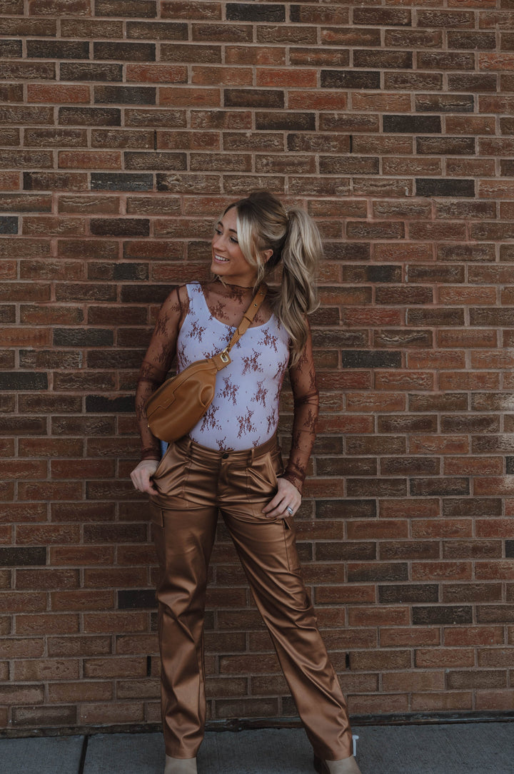 Faux Leather Cargo Pants - Brandy