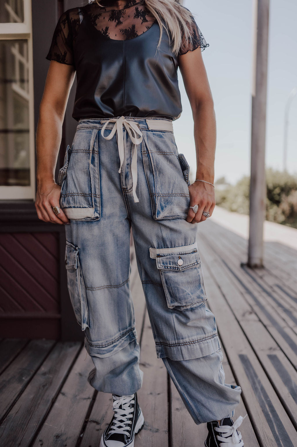 RESTOCKED! Multi cargo pocket drawstring joggers - denim