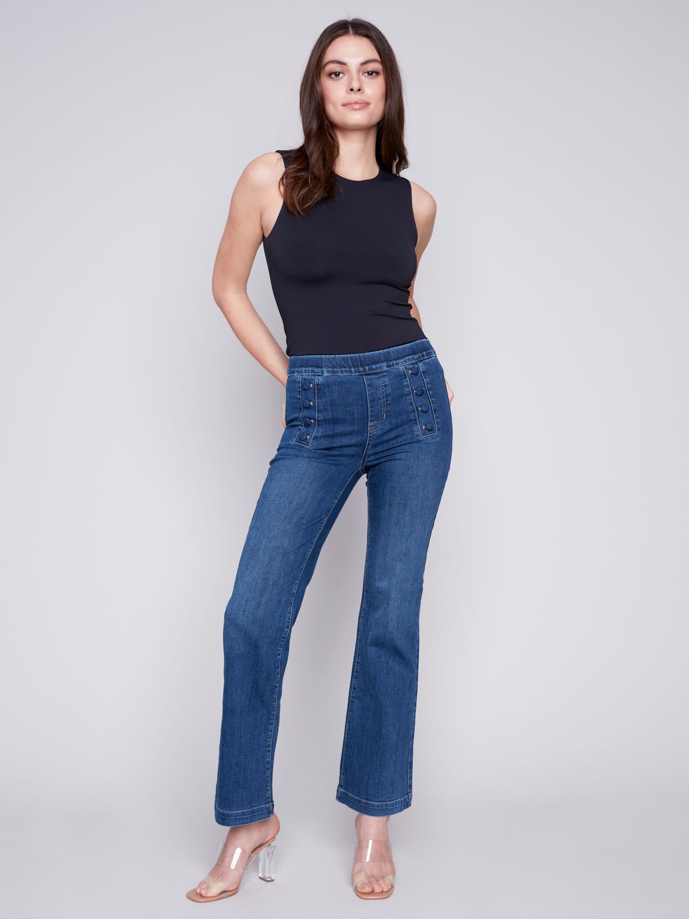 Wide Leg Pants with Front Button Plackets - Indigo