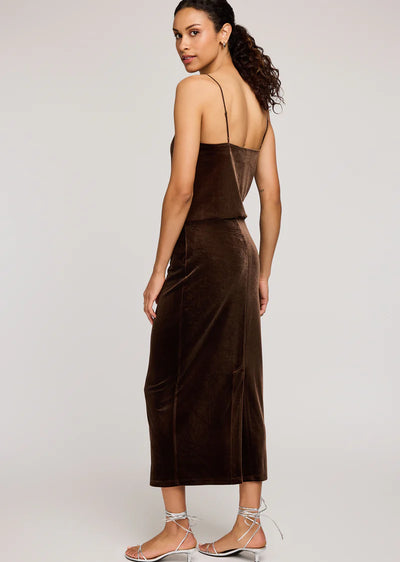 Woman wearing a brown velvet dress on a white background