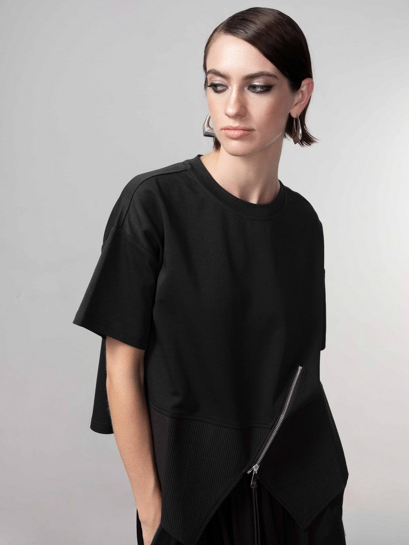 Unique Pullover with Zipper Detail - Black