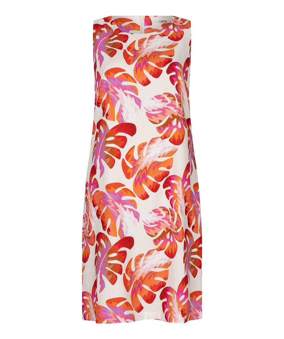 Colorful floral dress with orange, pink, and red patterns on a white background