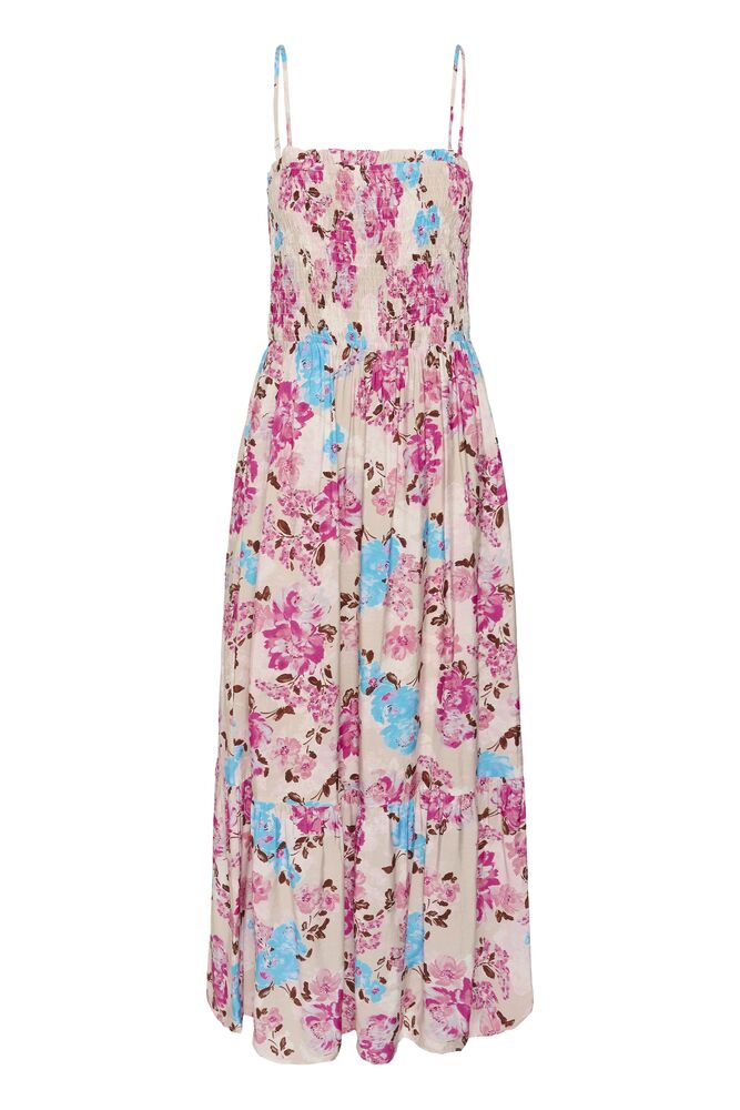Floral dress with pink, blue, and purple flowers on a white background
