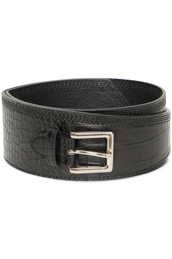 Black leather belt with a silver buckle on a white background