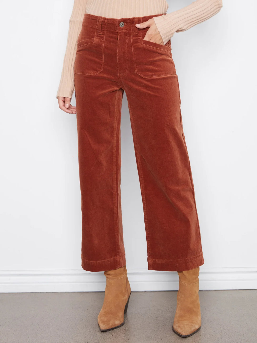 Cropped Wide Leg Corduroy Pants With Patch Pockets - Ginger