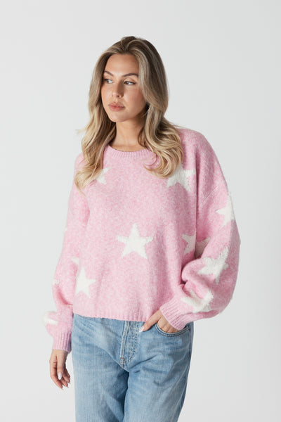 Crewneck Sweater W/ Sherpa Stars - Pink / Off White Stars