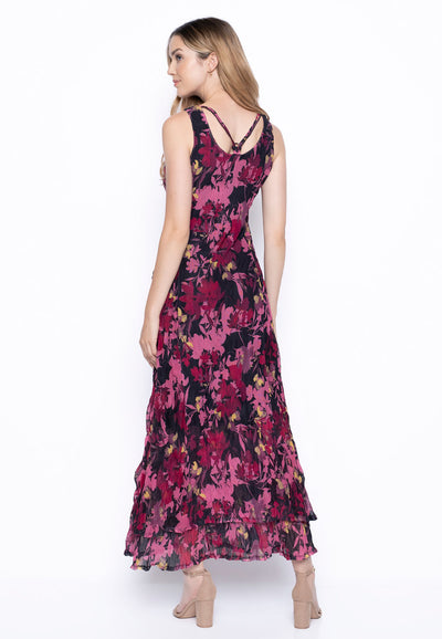 Sleeveless Maxi Dress with Strap Detail - Cerise Multi