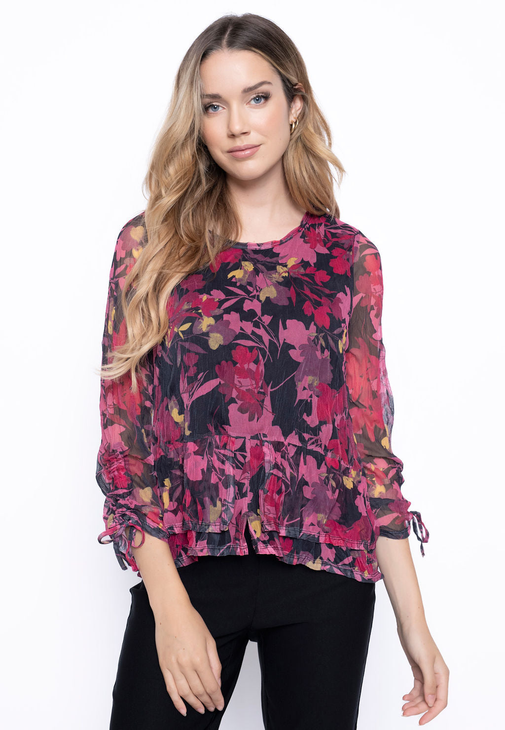Ruched Sleeve Top - Cerise Multi