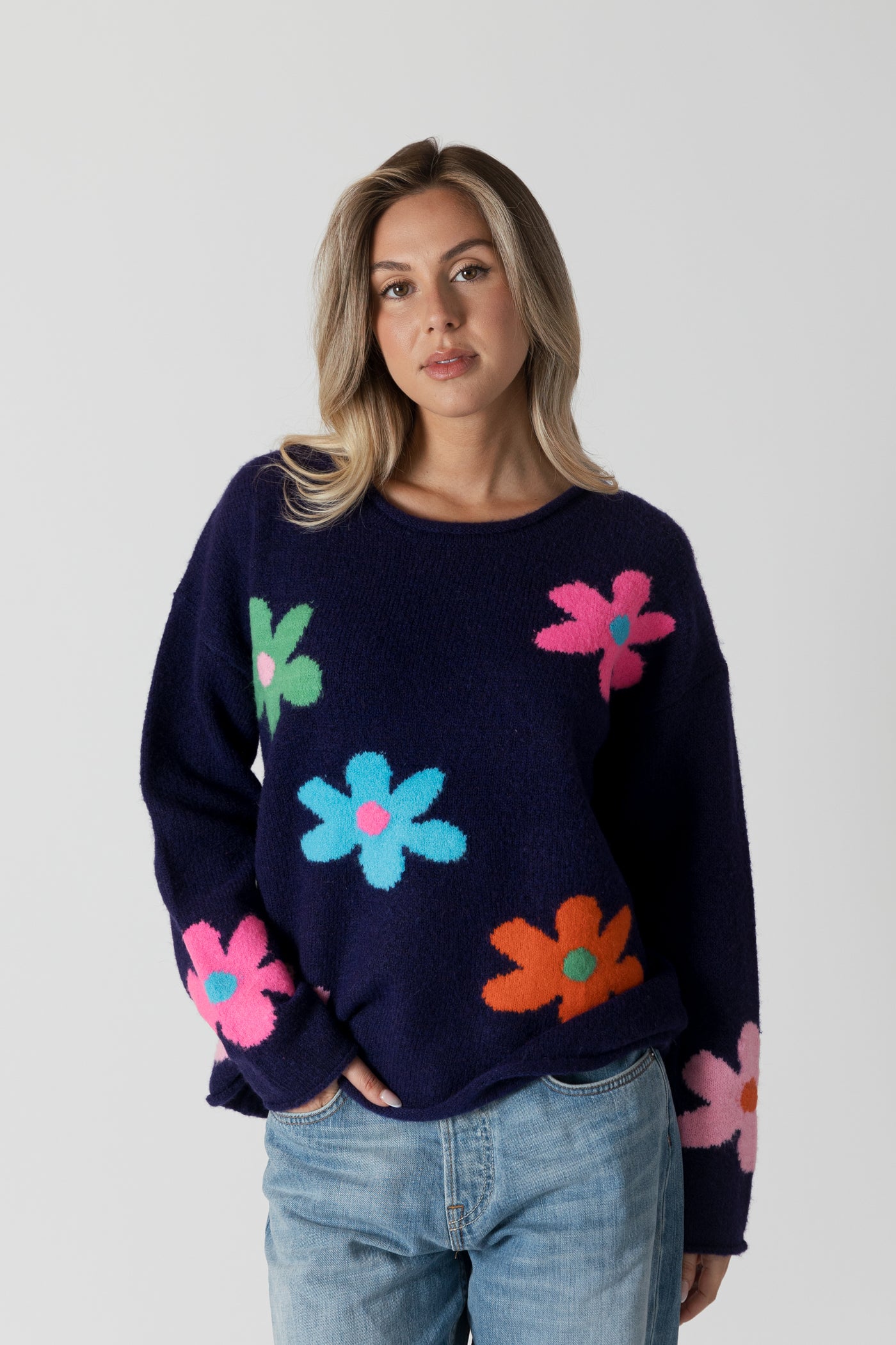 Crewneck Sweater W/ Colored Flower Print - Purple Multi