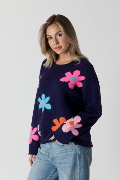 Crewneck Sweater W/ Colored Flower Print - Purple Multi