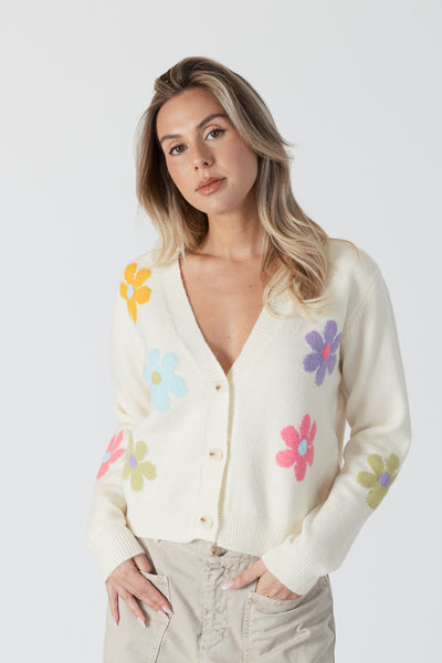 Button Up Cardigan - White/Multi Flowers