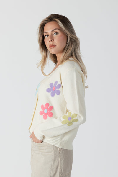 Button Up Cardigan - White/Multi Flowers