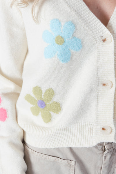 Button Up Cardigan - White/Multi Flowers