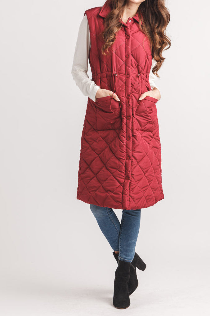 Long Puffer Vest with Drawstring Waist - Burgundy