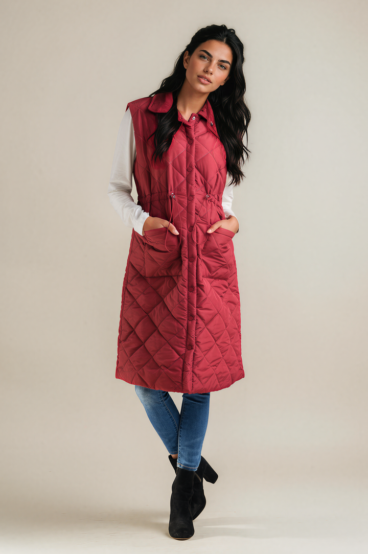 Long Puffer Vest with Drawstring Waist - Burgundy
