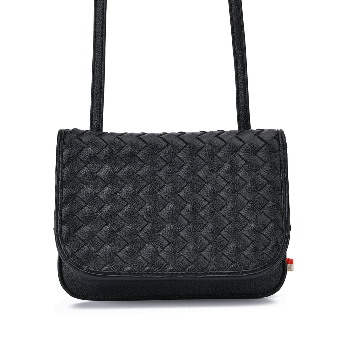 A black woven leather shoulder bag with a textured basketweave pattern, featuring a top handle and a small red and white tag on the right side, set against a plain white background.