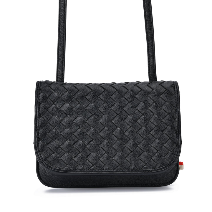 A black woven leather shoulder bag with a textured basketweave pattern, featuring a top handle and a small red and white tag on the right side, set against a plain white background.