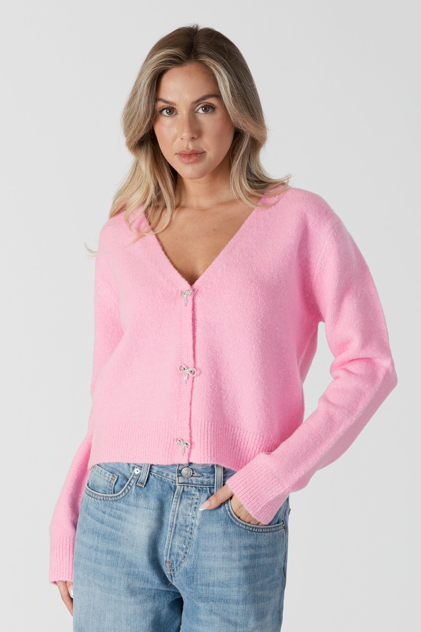 Long Sleeve Cardigan W/ Snap Closure - Pink