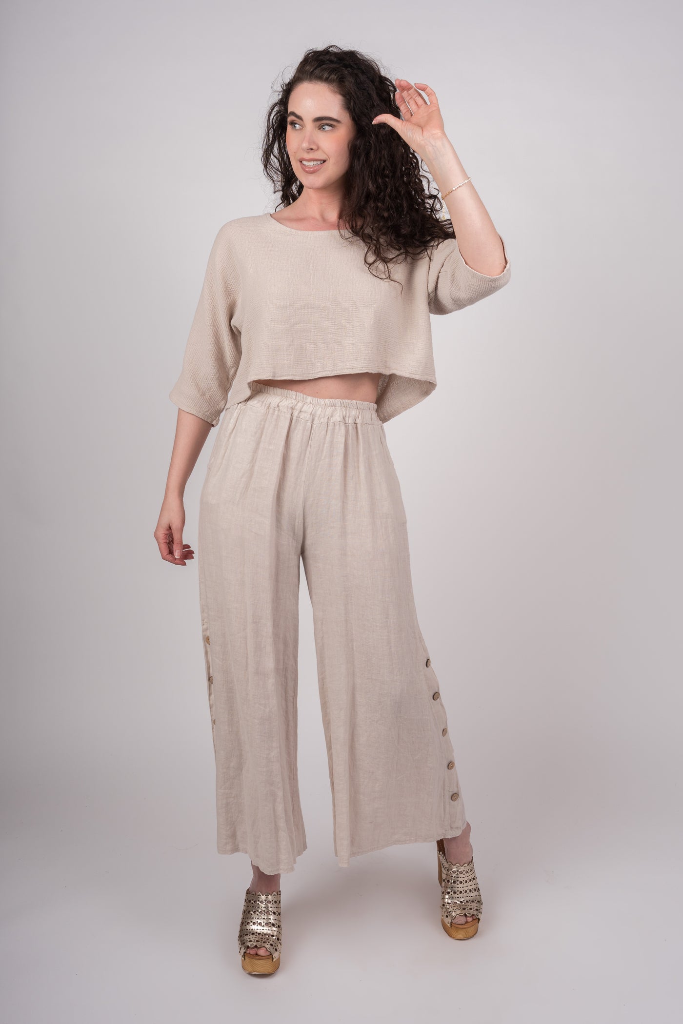 Pull On Wide Leg Pant with Side Button Detail - Beige