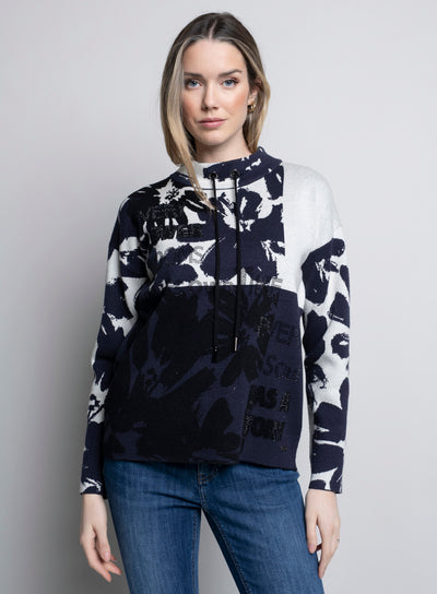 Funnel Neck Floral Jacquard Top - Navy + Off White